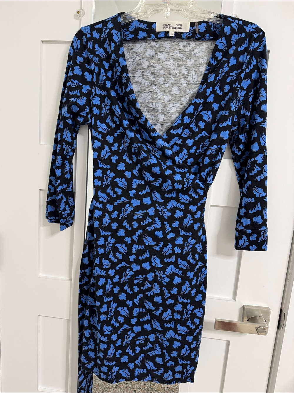 Diane Von Furstenberg Black Wrap Dress with Blue Leaf Print